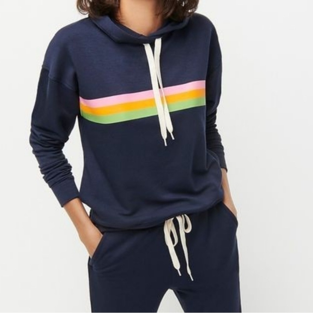 J Crew Women’s Striped hoodie in Cloud fleece Navy Size Small